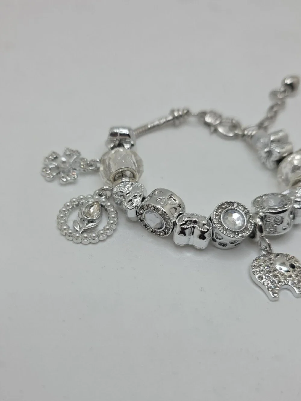 Silver Elephant Charm Bracelet with Crystal Accents